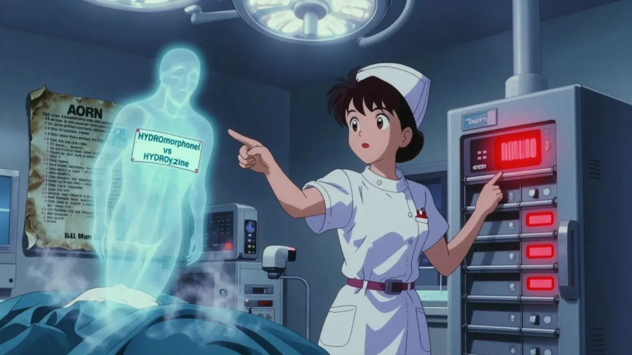 Nurse confronting red barcode alert in operating room with Tall Man drug labels floating in air.