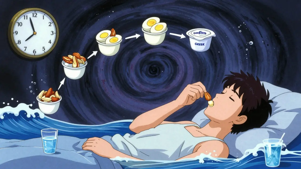 Patient eating small protein snacks throughout the day, with electrolyte sips and calming waves surrounding them.