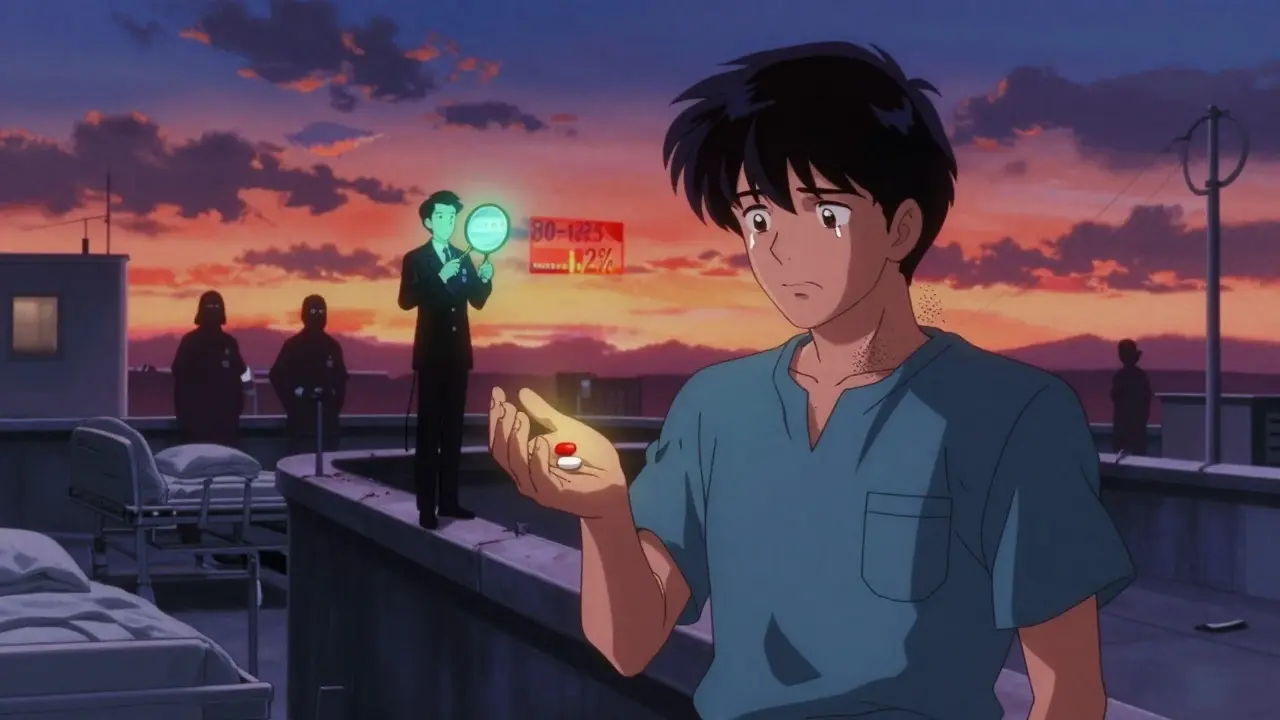 Patient on hospital rooftop holding generic and branded pills under a vaporwave sunset