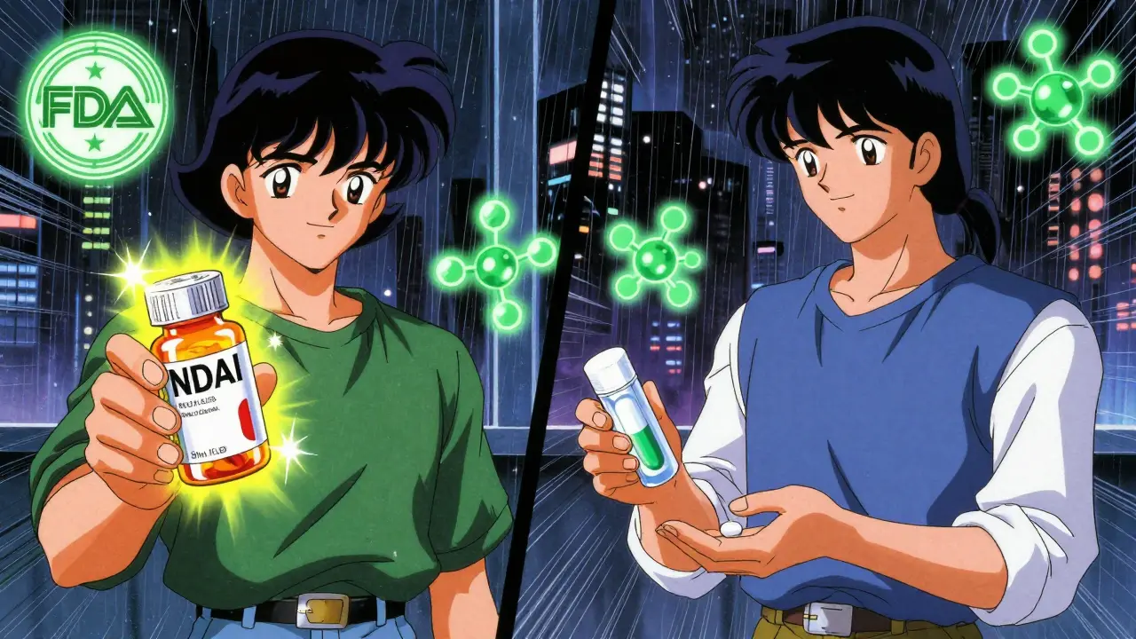 Patient receiving same pill in branded vs plain packaging, with glowing FDA seals and molecular structures in background.