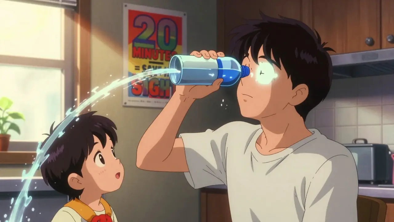 Person practicing eye flush with water bottle while child watches, symbolizing prevention and care.