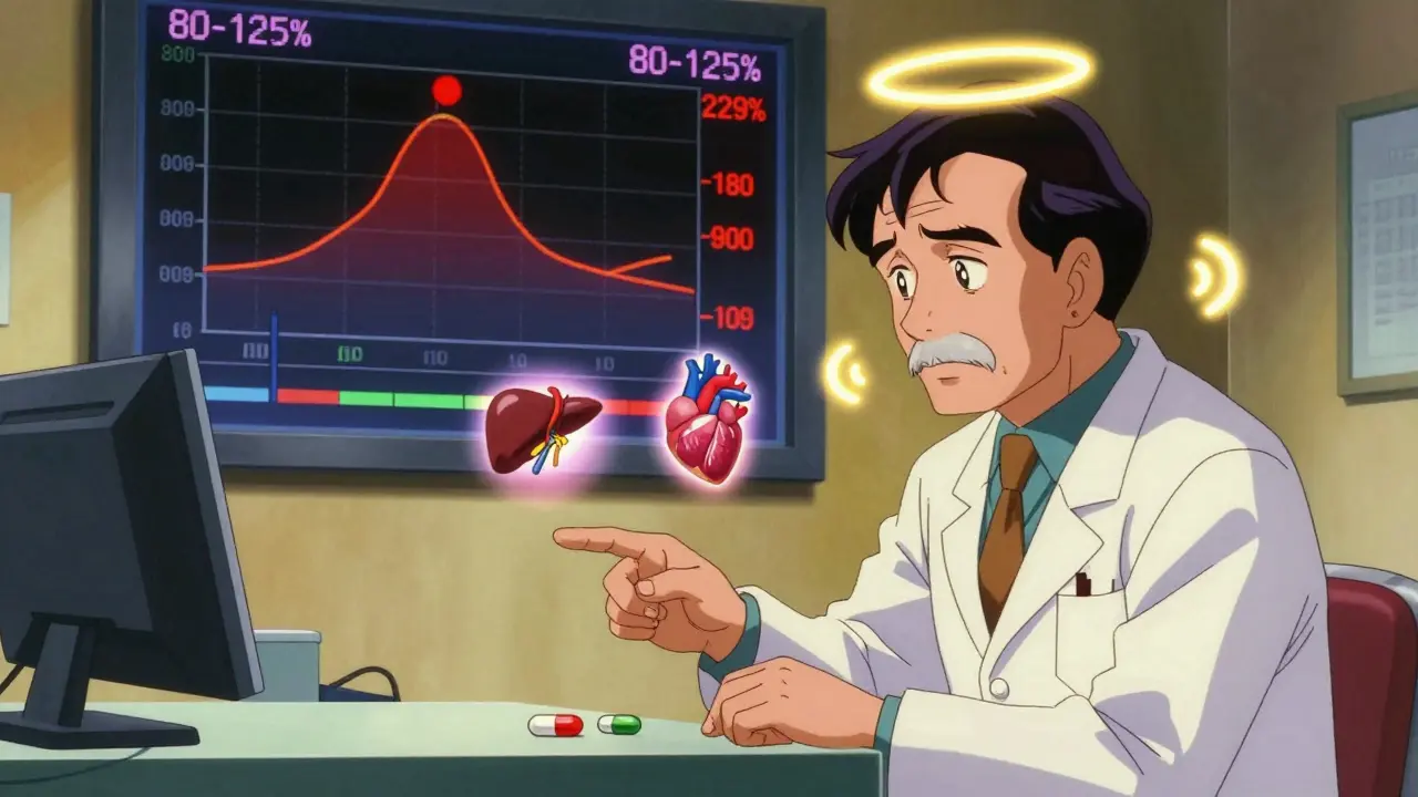 Pharmacist explaining generics to an older patient, with metabolic organ icons glowing in the background.