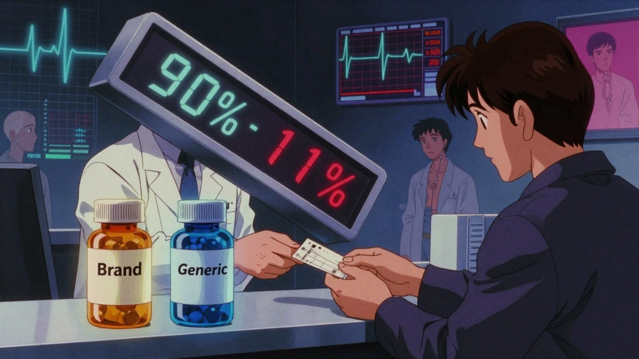 Pharmacist handing prescription with glowing brand and generic drug bottles
