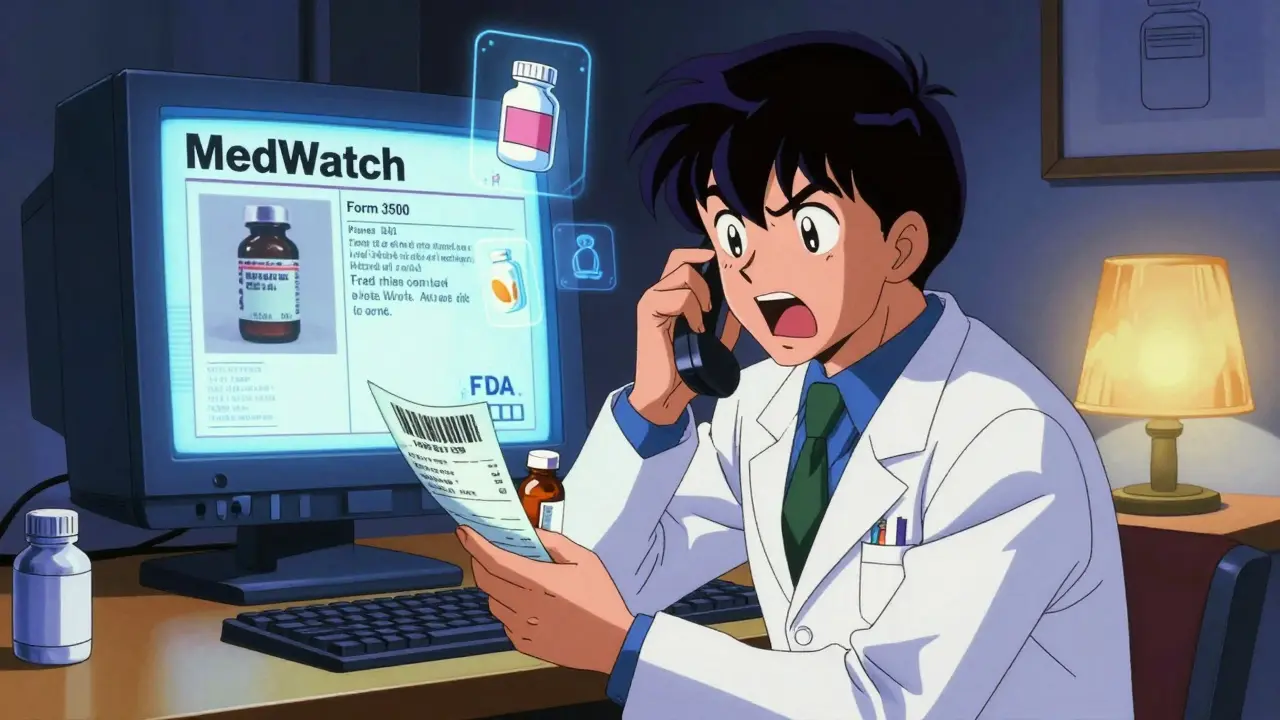 Pharmacist reporting counterfeit drugs via phone, with digital pill icons floating nearby.