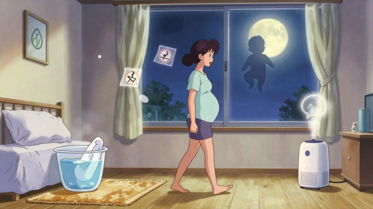 Pregnant woman in a clean home with allergen-proof covers and humidifier, baby silhouette beside her.