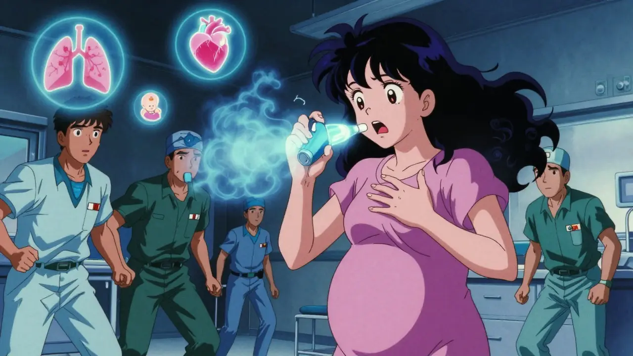 Pregnant woman in emergency room, protected by a blue aura from asthma clouds.