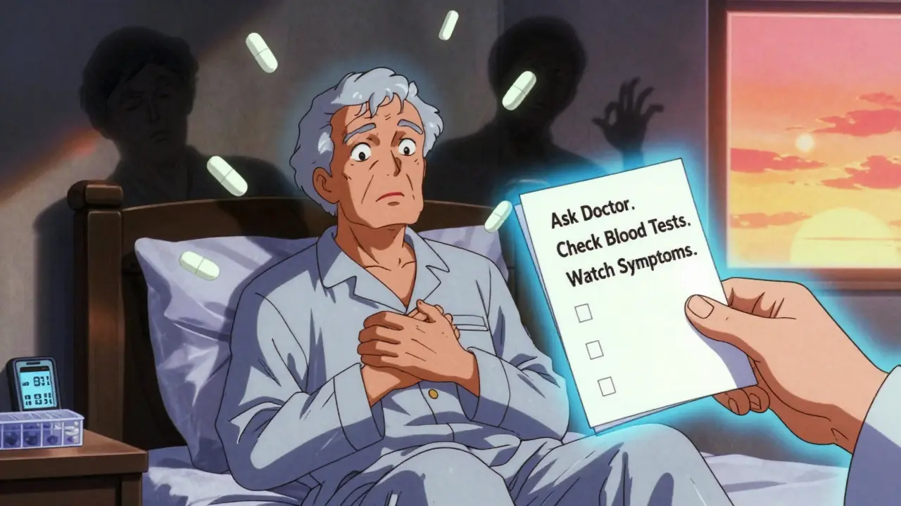 Senior man distressed by floating medication shadows, with a safety checklist glowing in the room.