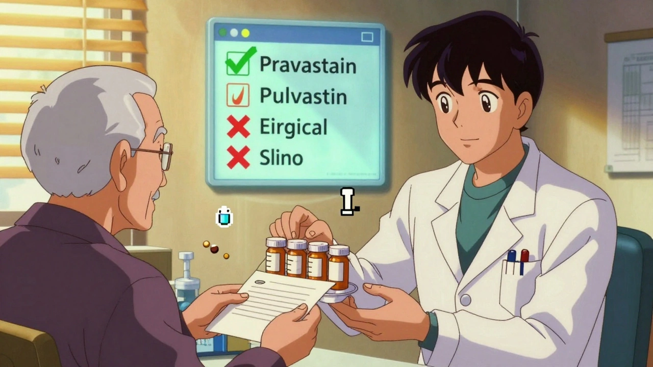 Senior patient and doctor reviewing multiple medications with pravastatin chart.