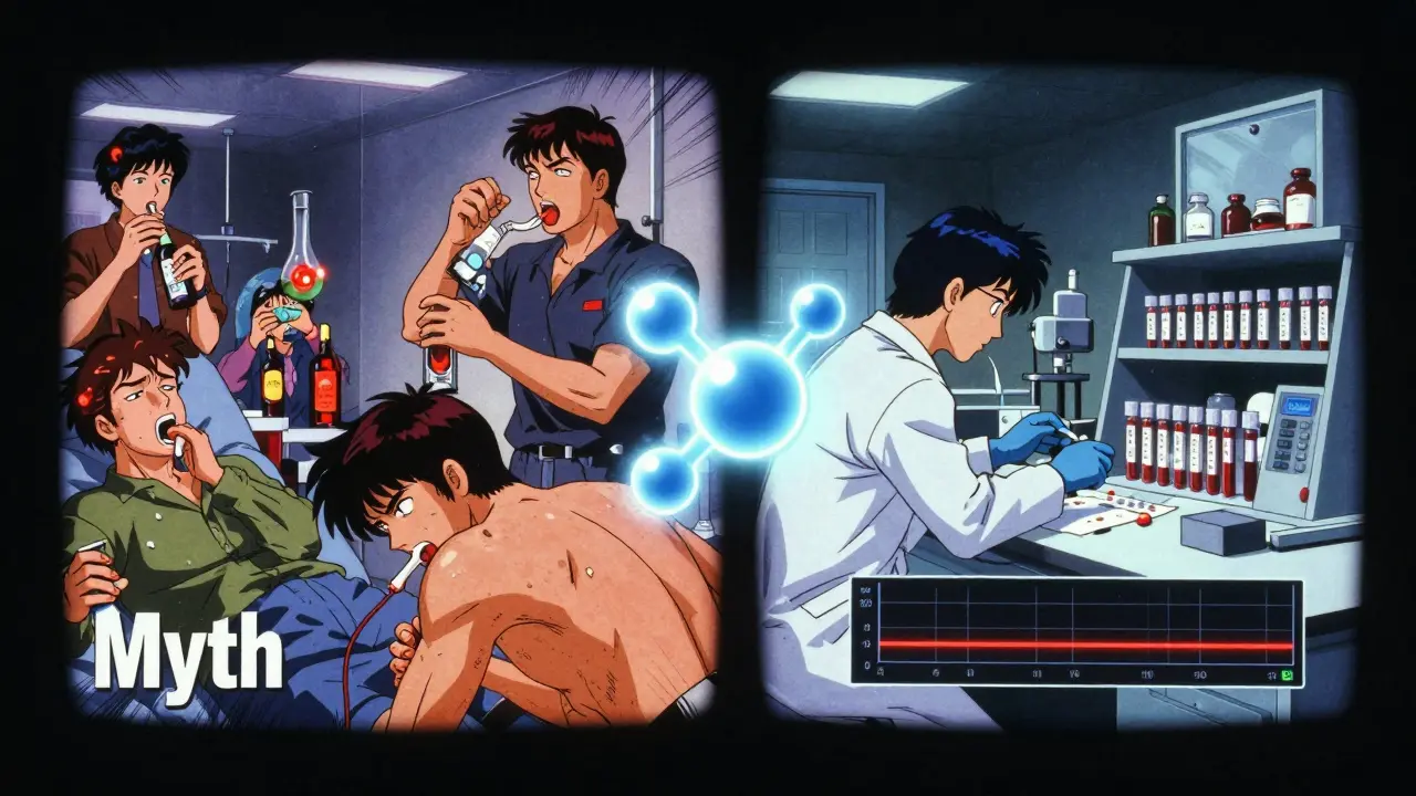 Split anime scene: chaotic ER on left, calm lab on right, with a serotonin molecule connecting both sides.