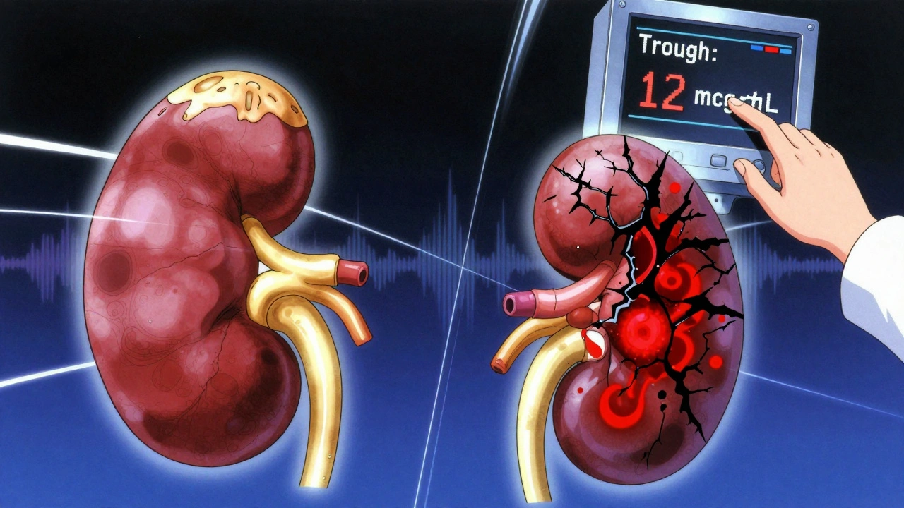 Split medical illustration showing healthy vs damaged kidney with vancomycin trough levels displayed, in retro anime style.