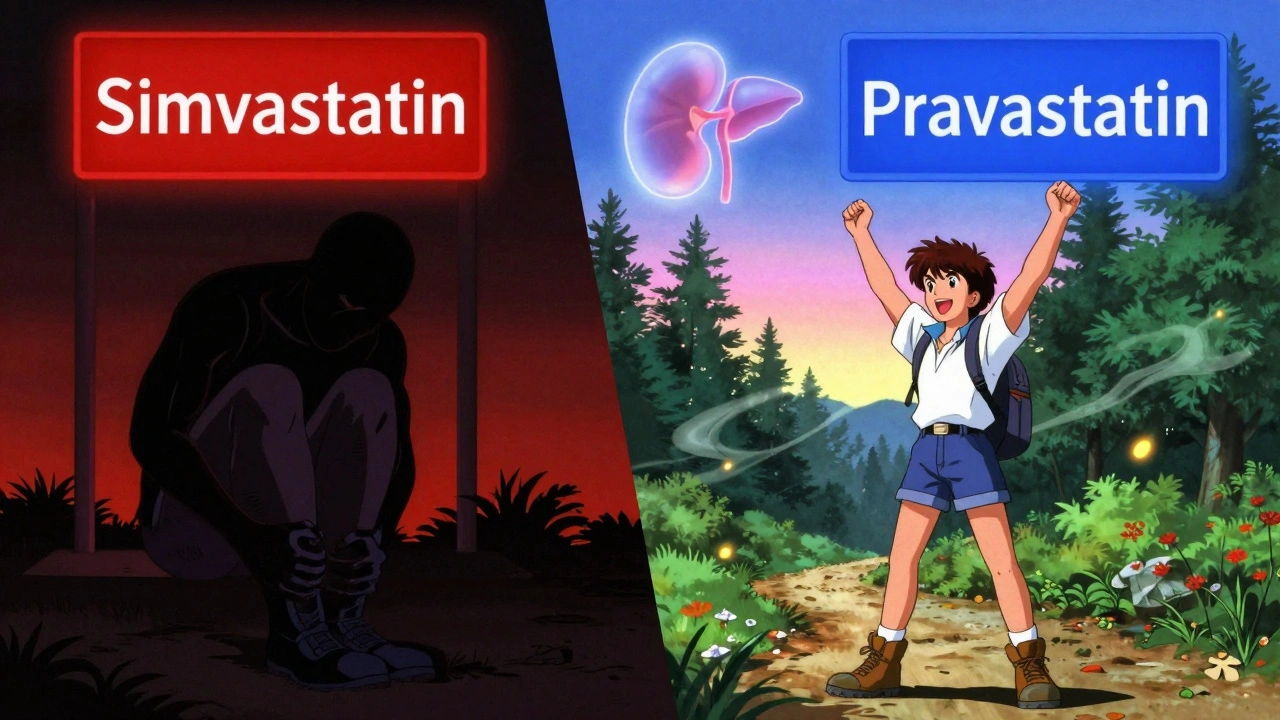 Split scene: one side in pain from statin, other side hiking happily with pravastatin.