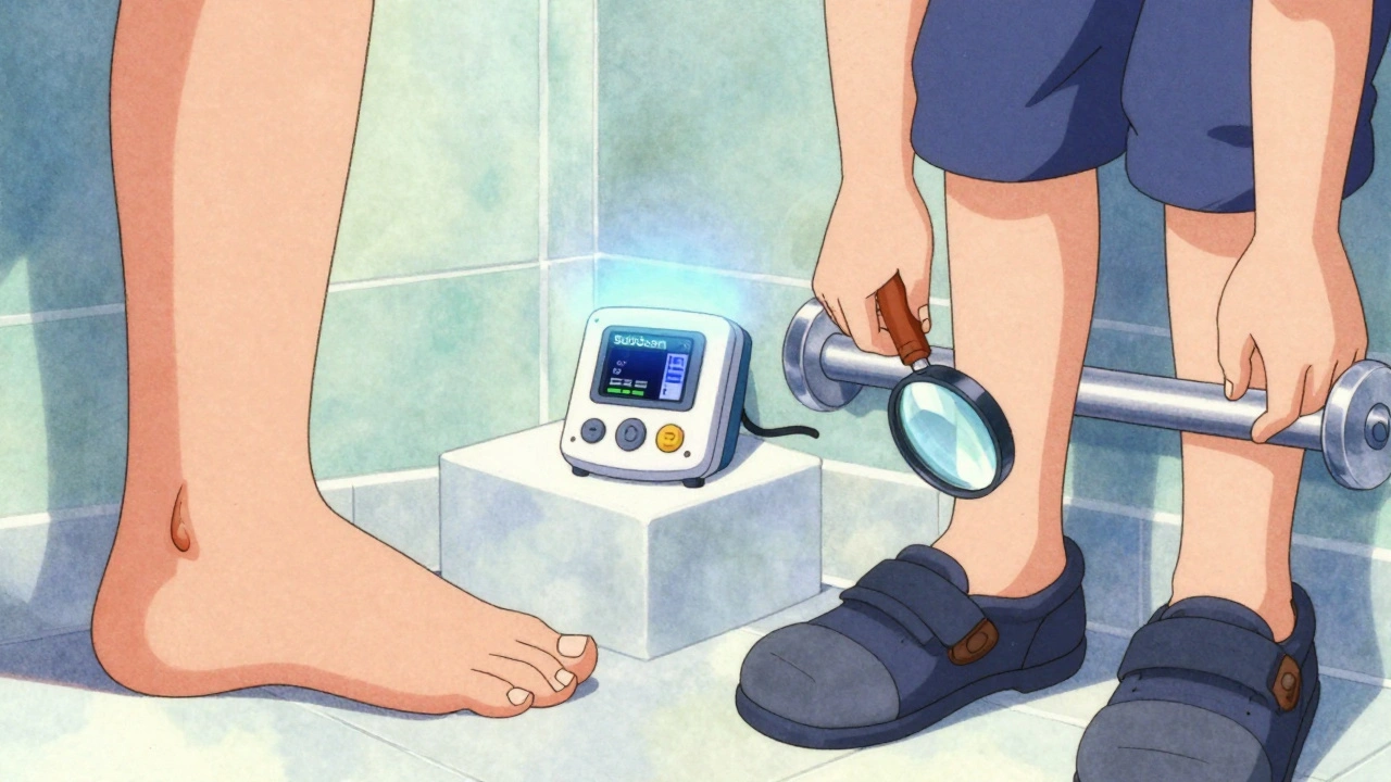 Split scene showing a foot blister and later safe foot-checking with a SudoScan device, representing early detection and prevention.