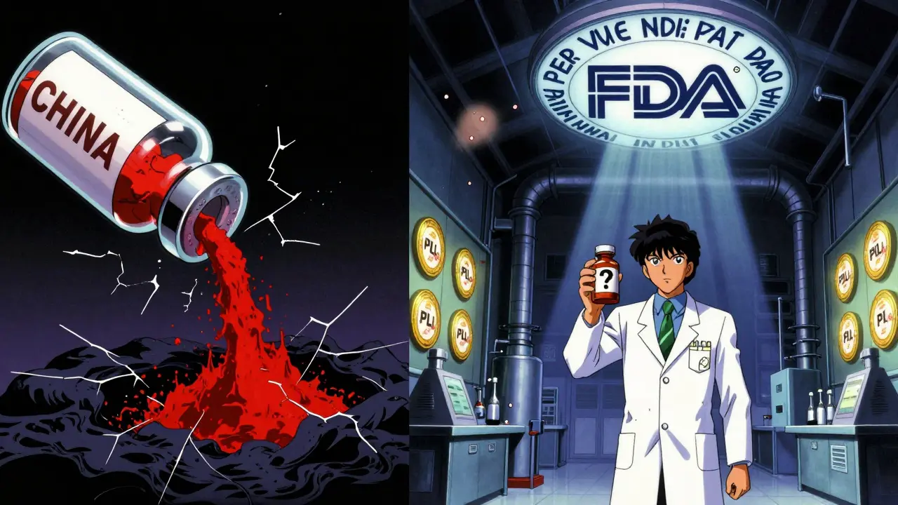 Split scene: spilled Chinese API vs. Indian factory under FDA seal in 80s anime style.