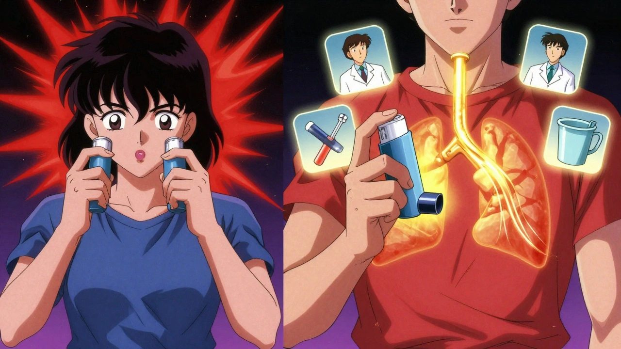 Split scene: wrong inhaler use with red sparks vs correct combo inhaler use with golden light flow.