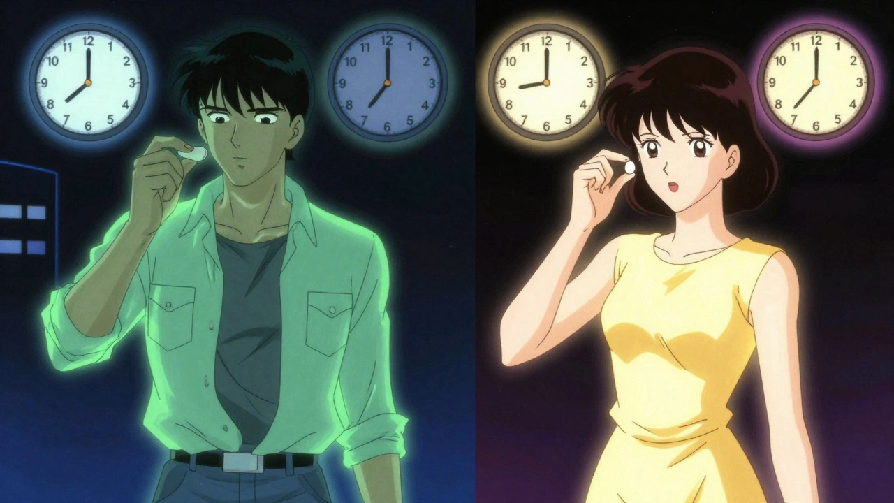 Split-screen: one person surrounded by lingering green haze from time-released melatonin, another with a quick golden pulse.