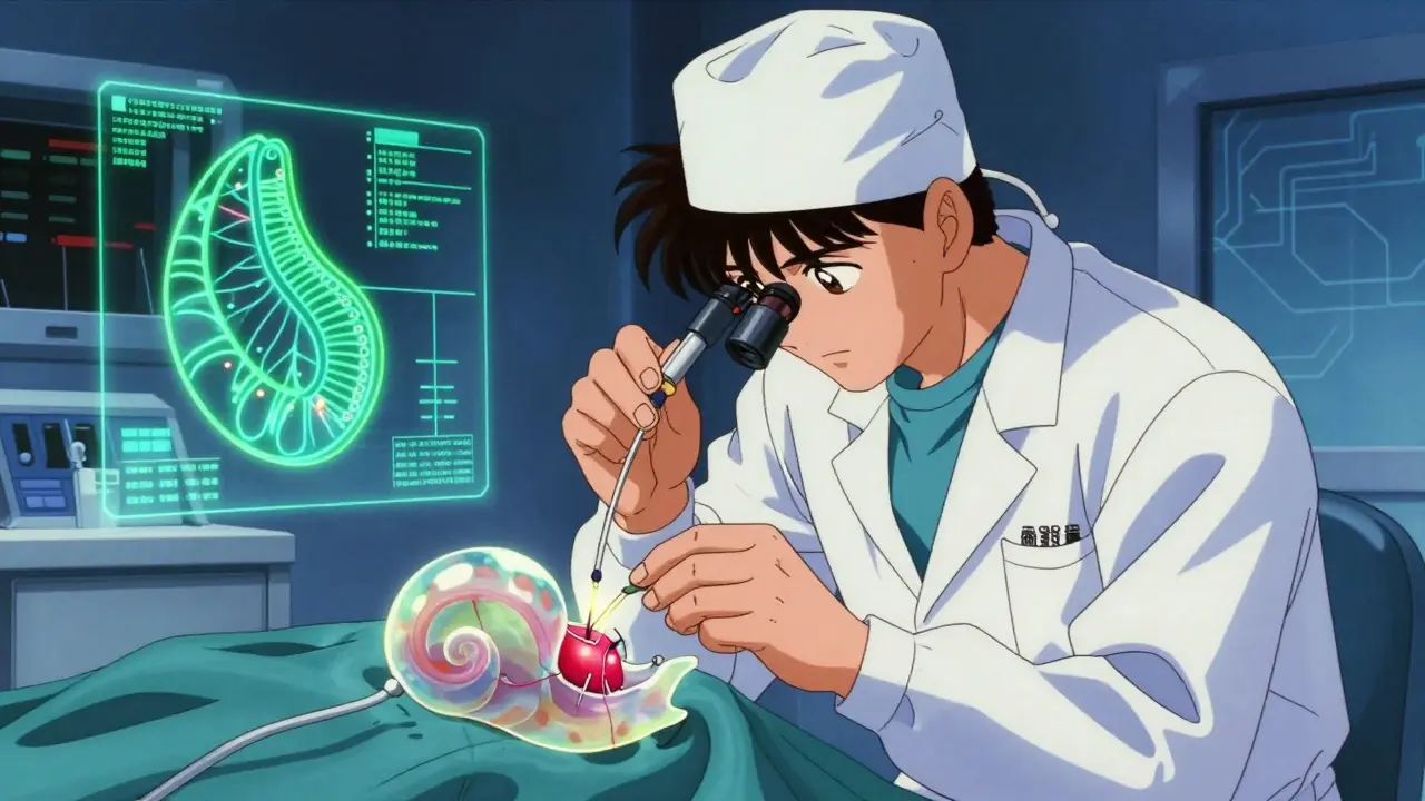 Surgeon inserting an electrode array into a cochlea with glowing neural pathways in the background.