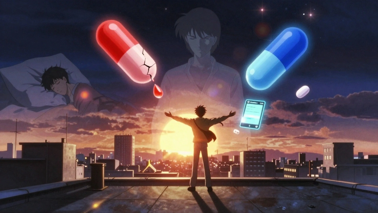 Traveler at dawn in Tokyo bathed in sunlight, ghostly London self behind, with floating melatonin pills and app interface.