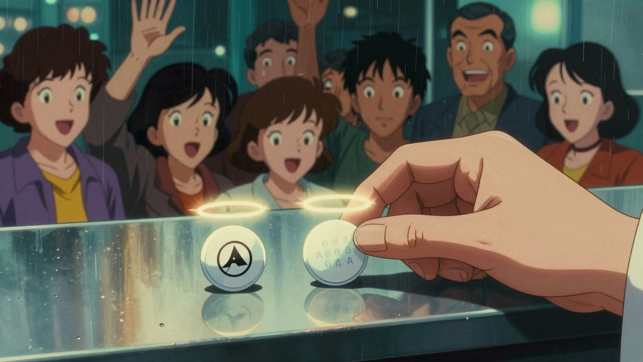 Two identical pills side by side on a counter, one branded and one generic with an ANDA number, patients reaching out behind them in a rainy city setting.