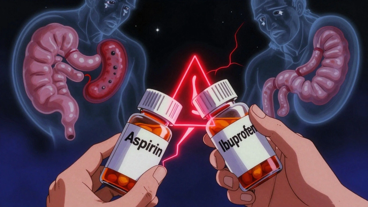 Two pill bottles with a glowing red warning symbol between them, ghostly ulcers in background, 80s anime style.
