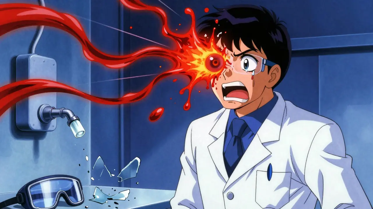 Worker hit by glowing chemical splash, acid tendrils consuming eye, shattered goggles on floor.