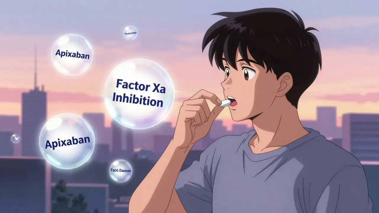 Young adult swallowing a DOAC pill at sunrise with glowing protective orbs