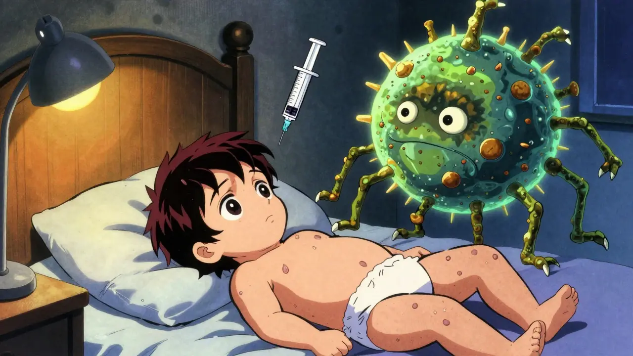 A child with small psoriasis spots lies in bed as a bacteria monster looms, protected by medical tools.