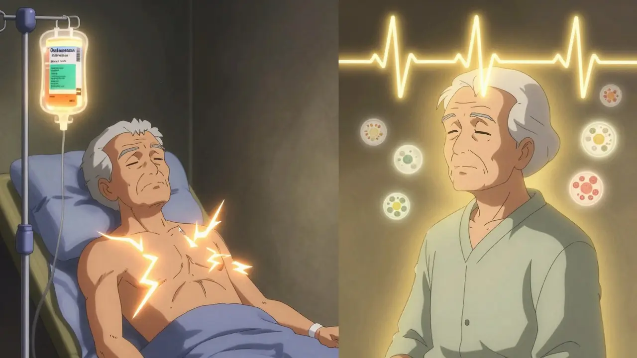 A contrast between risky IV ondansetron and safe palonosetron treatment for an elderly patient, with glowing heart rhythms.