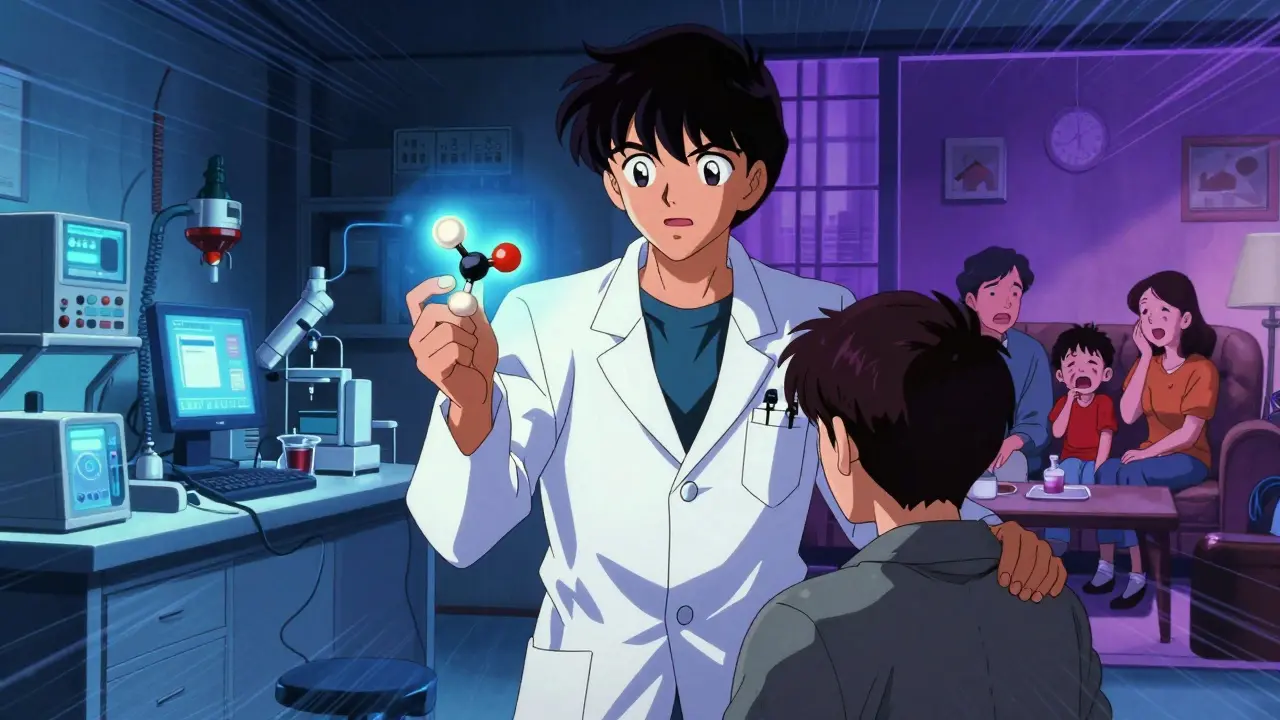 A doctor holds a glowing riluzole molecule beside a patient, with clinical trial and family scenes in the background.