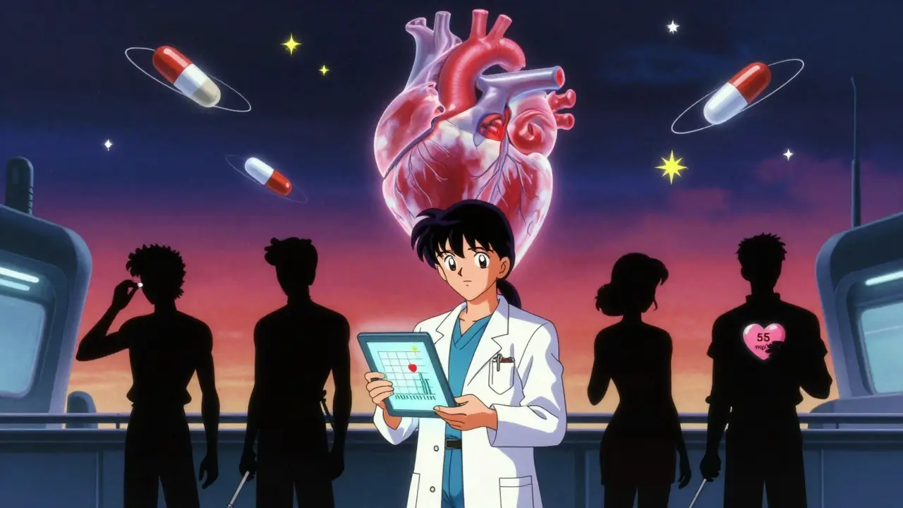A doctor in a futuristic clinic with patients and a glowing heart in the sky, symbolizing LDL targets.