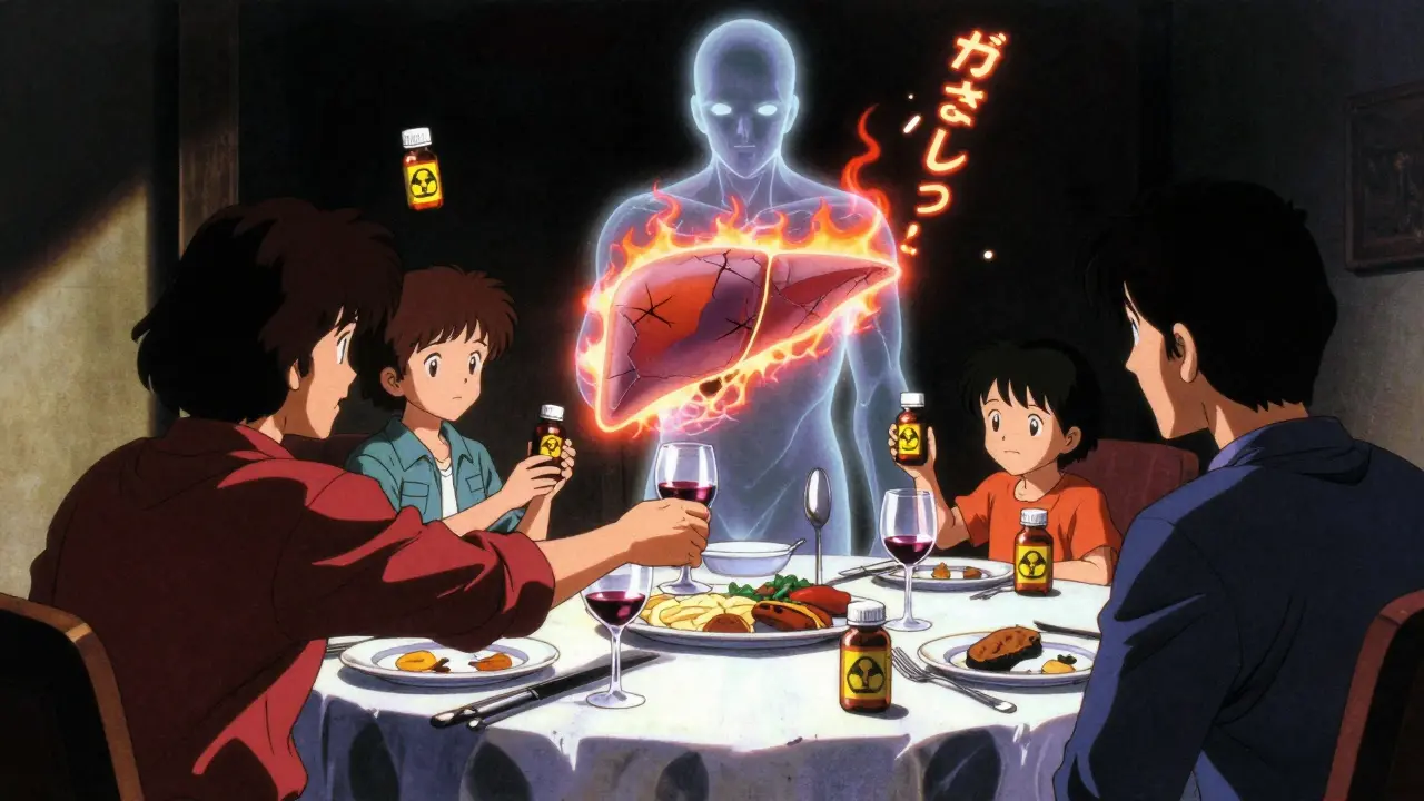 A family at dinner with glowing hazard symbols and a flaming liver ghost above the table in 80s anime style.
