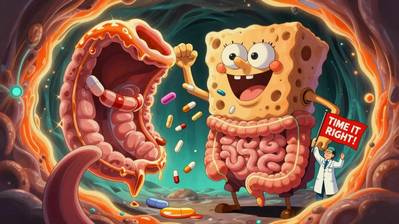 A giant sponge-like monster in the intestines swallowing pills like warfarin and levothyroxine.