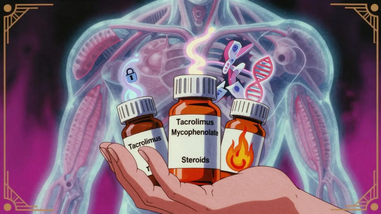 A hand holding three glowing pill bottles, each symbolizing a different immunosuppressant mechanism, with a fading immune shadow behind.