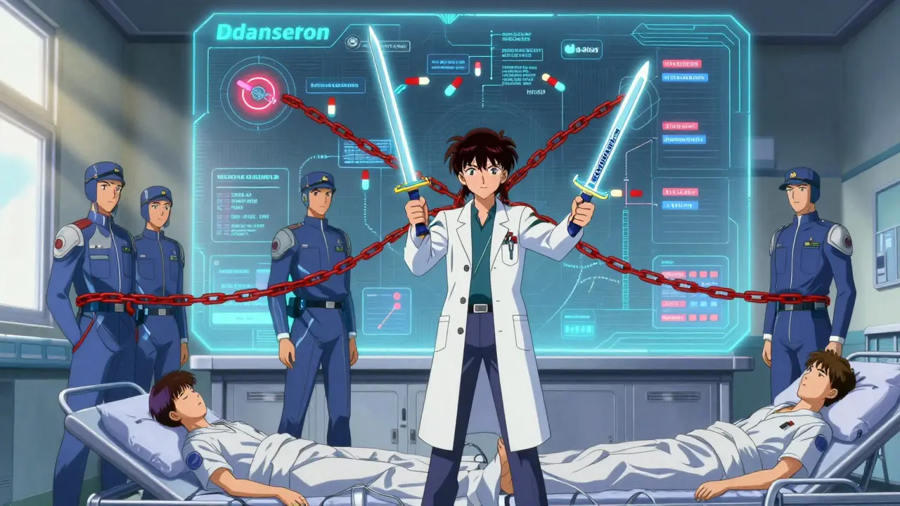 A medical hero cuts chains of dangerous drug interactions with safe antiemetics, while drowsy patients awaken.