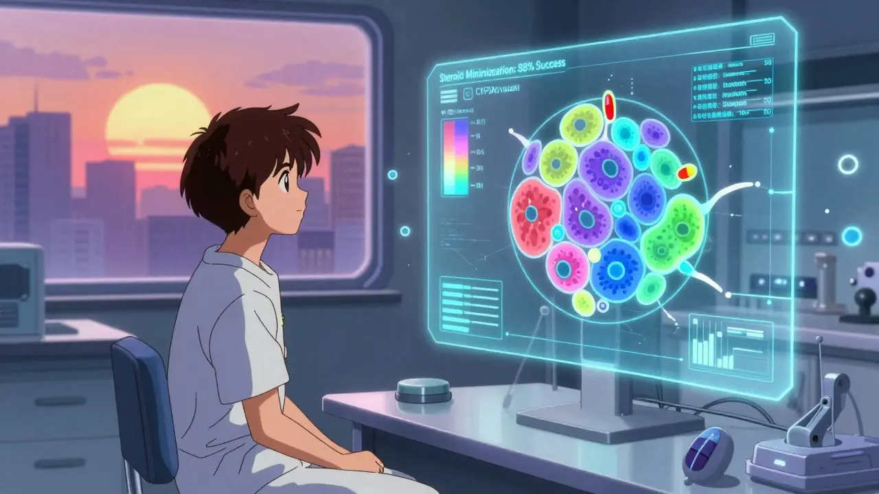 A patient in a futuristic lab watching a holographic immune map with genetic markers and steroid minimization data, sunrise in background.