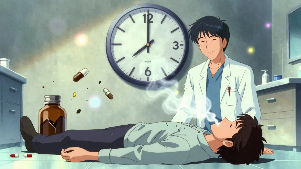 A person overdosing on the floor, with ghostly memories and fentanyl molecules swirling, in retro anime style.