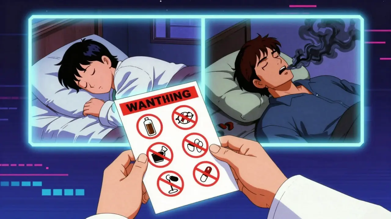 A pharmacist giving a warning sheet while a split-screen shows safe and dangerous outcomes in 80s anime style.