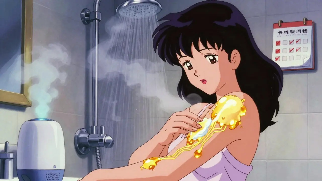 A woman applies moisturizer to healing skin, golden lipid bridges glowing as steam rises in a warm bathroom.