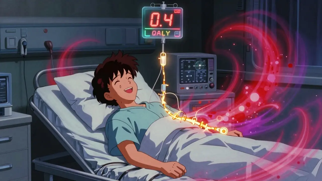 A young patient in a hospital bed with glowing energy pulses around them, symbolizing treatment side effects and hope.