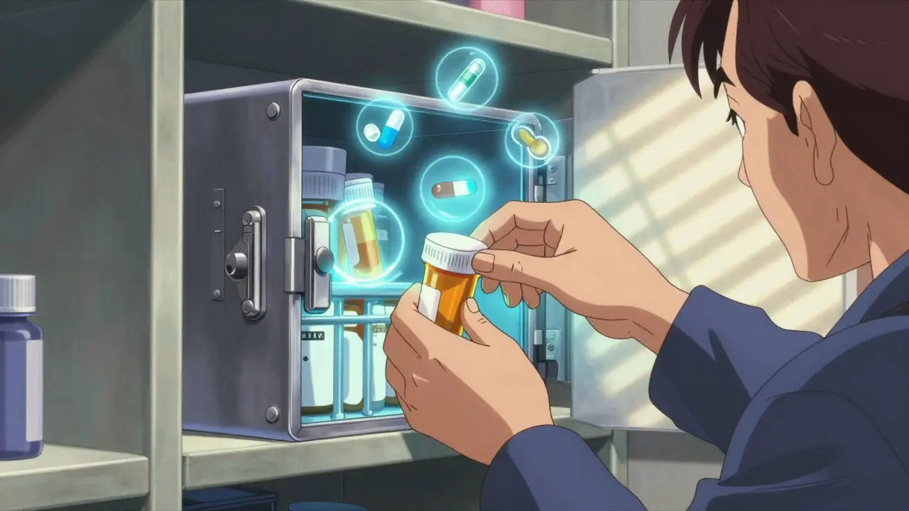 Adult placing medications into a glowing lockbox on a high shelf.