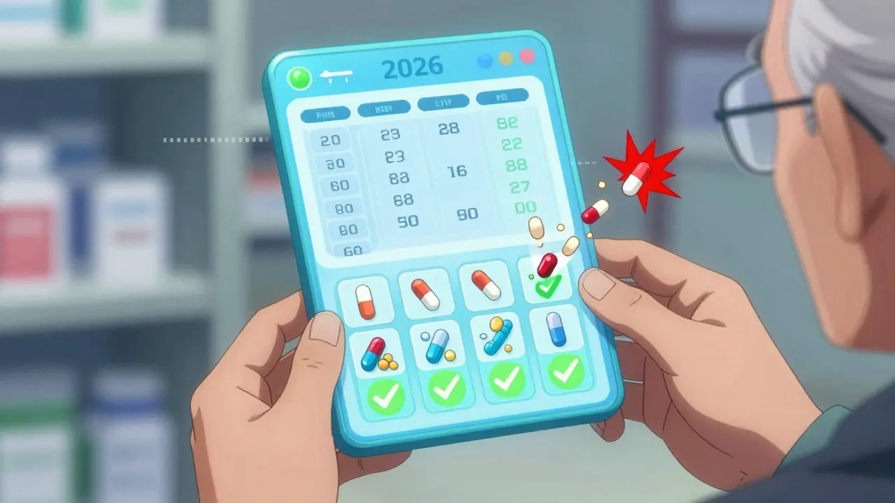 An elderly person using a glowing app to time their pills correctly with animated alerts.