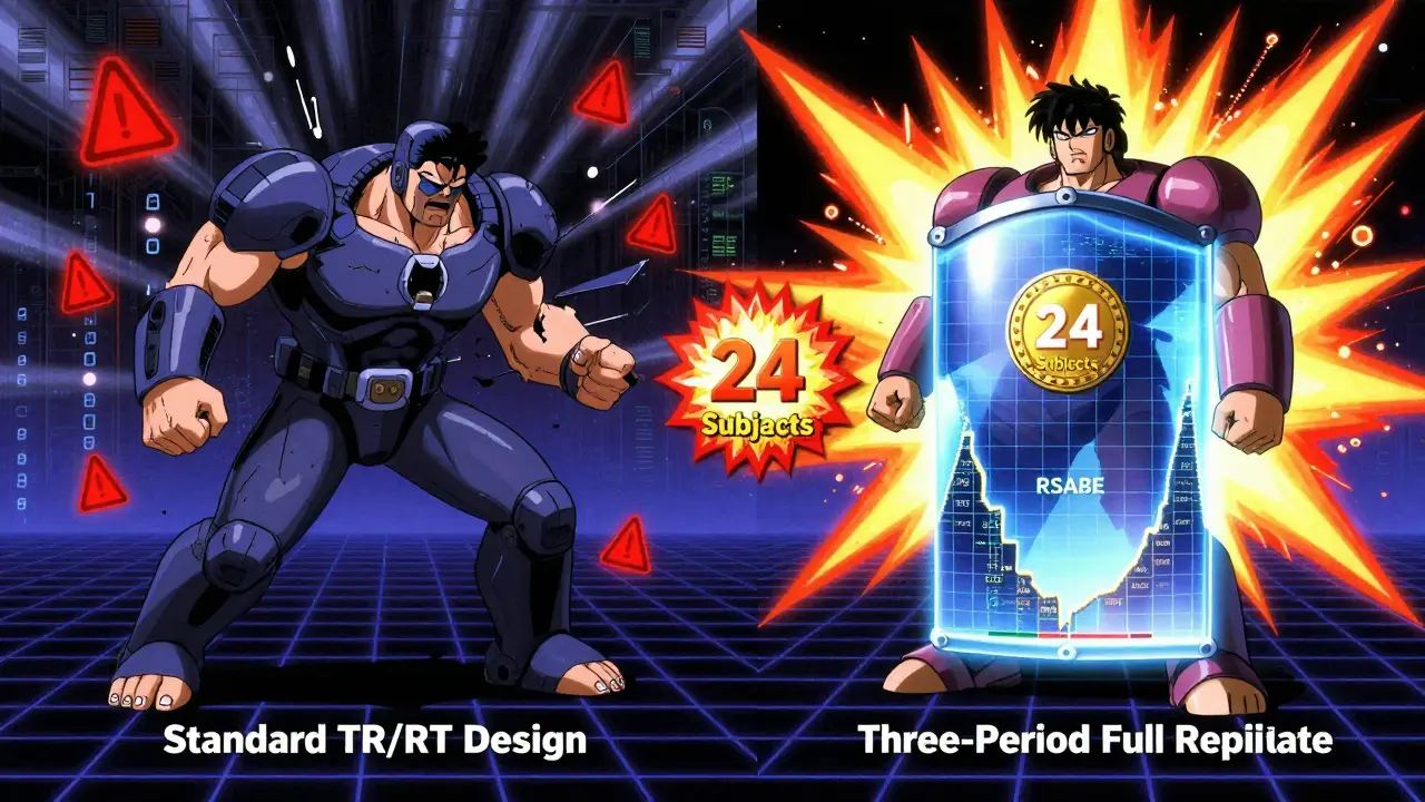 Battle between standard and replicate study designs, with one crumbling and the other protected by a scaling RSABE barrier.