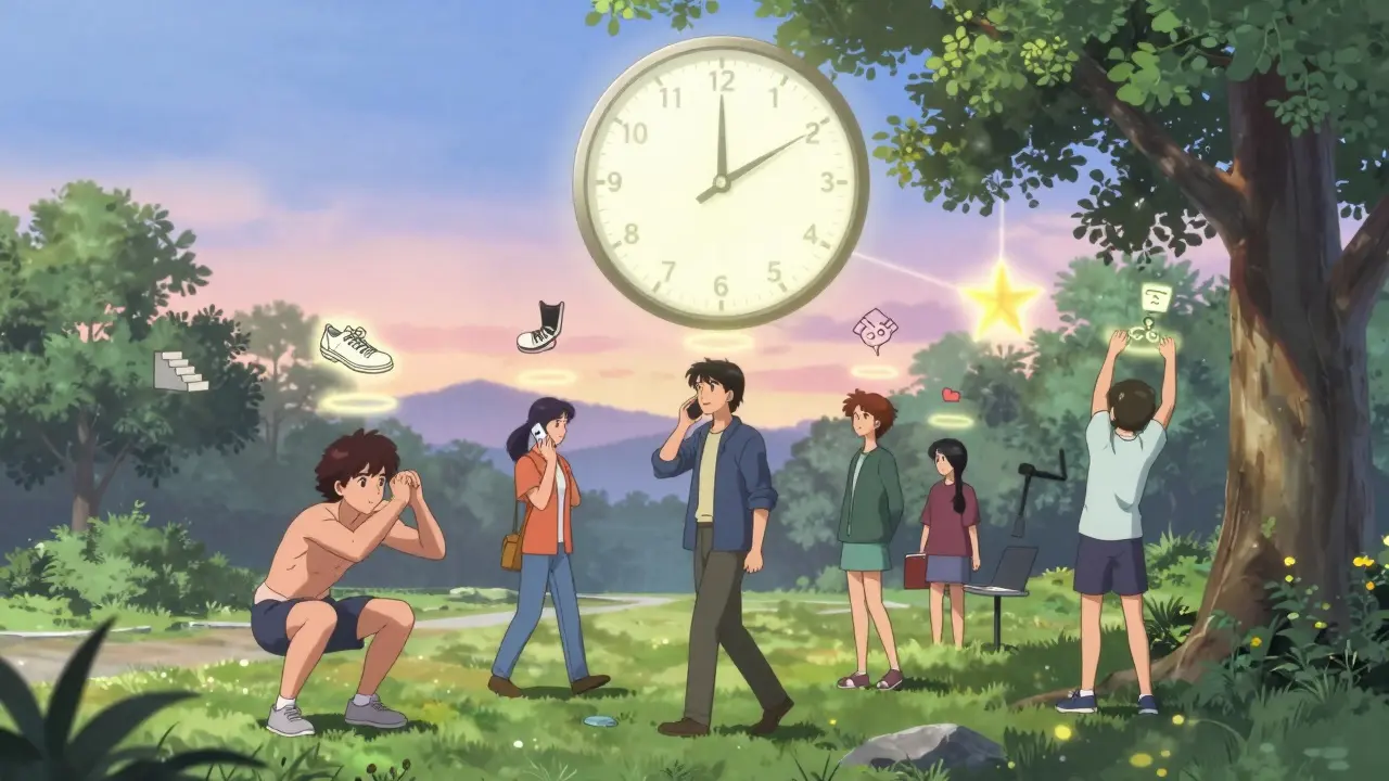 Diverse group in park with floating NEAT icons and sleep clock under dawn light.