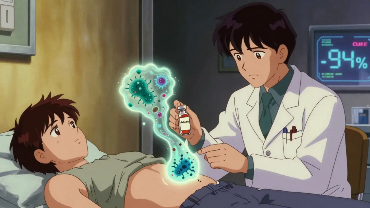 Doctor administering a fecal transplant vial as healthy microbes flow into the patient's body.