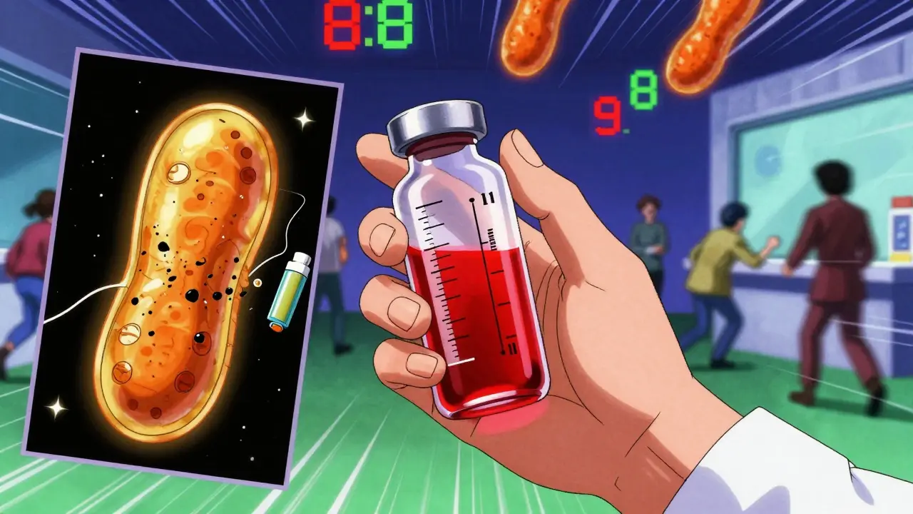 Doctor holding a crimson blood vial as mitochondria crumble, with albuterol inhaler looming, 80s anime aesthetic.
