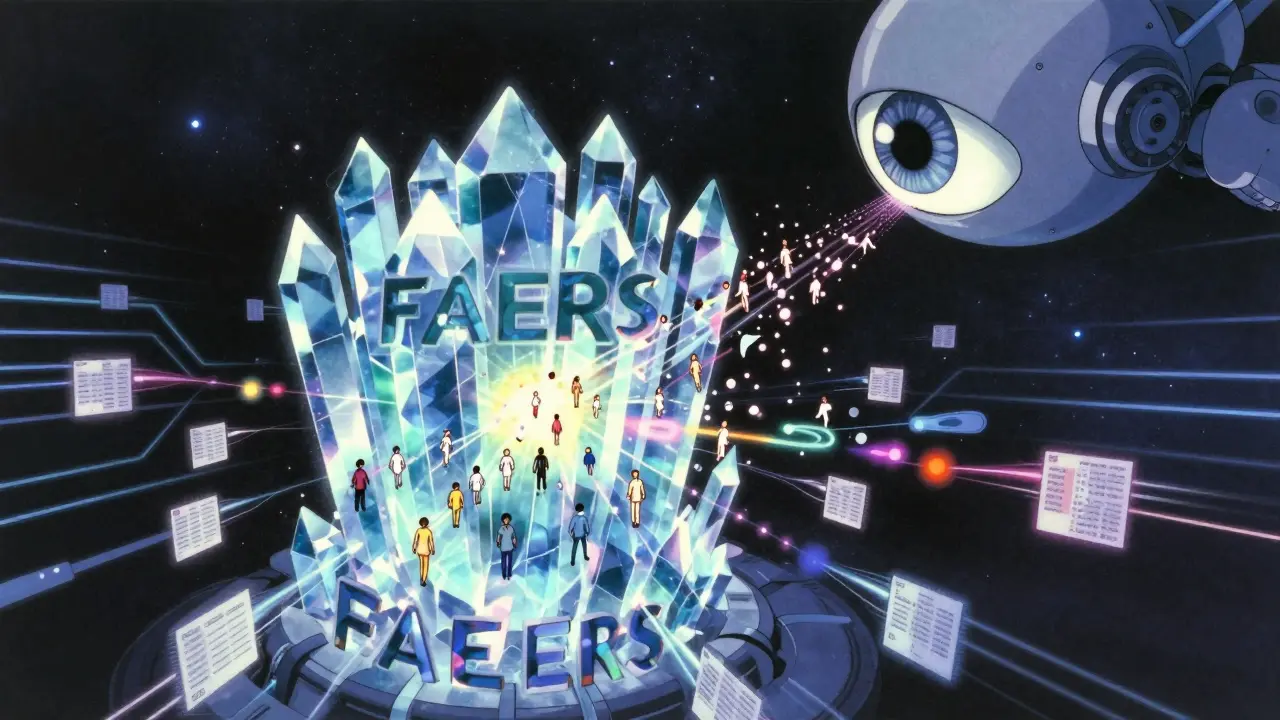 Giant digital database absorbing reports from people, with AI eye scanning data in space, anime style.