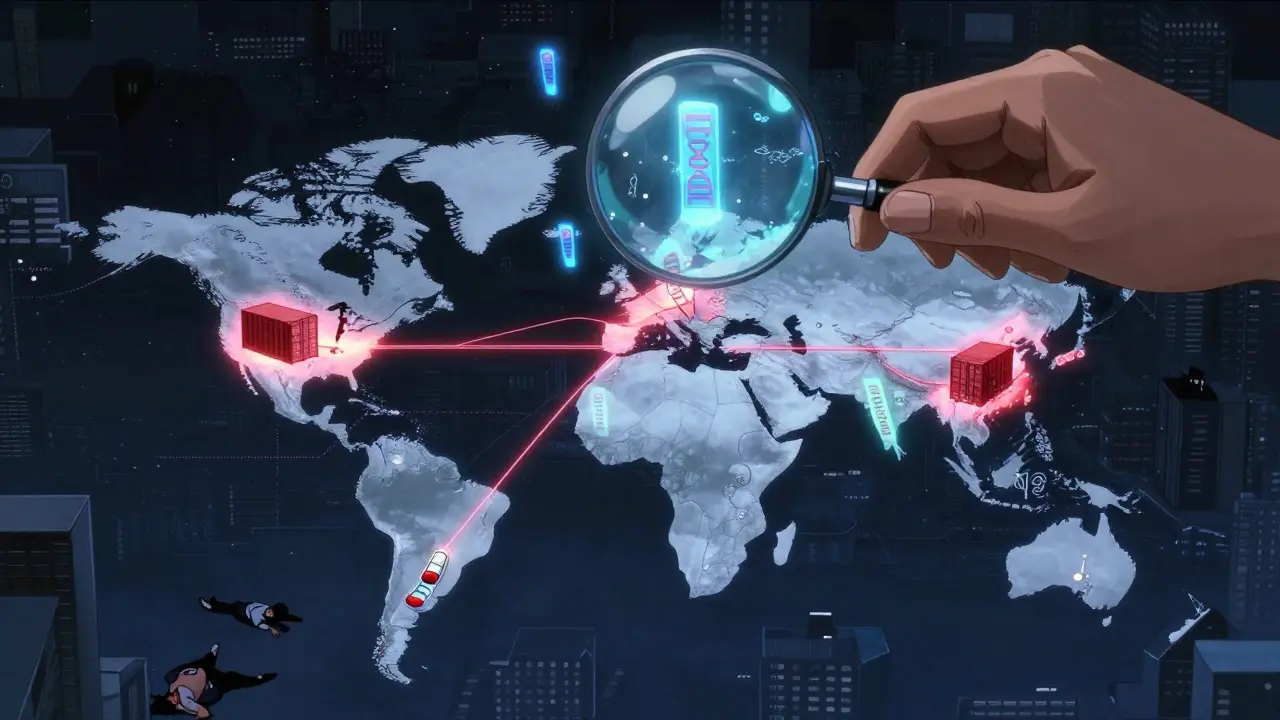Global map showing counterfeit drug routes with glowing lines and flickering holograms.