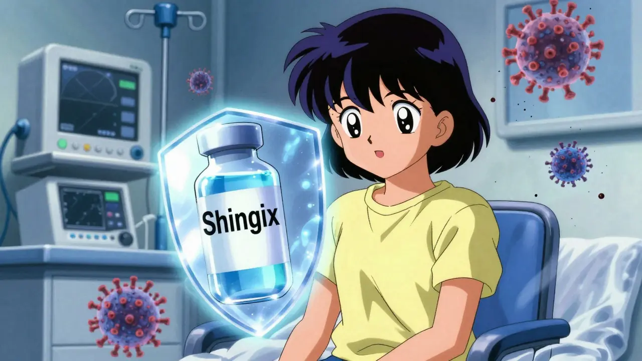 Immunocompromised person protected by a vaccine-shaped energy shield, viruses crumbling around them.