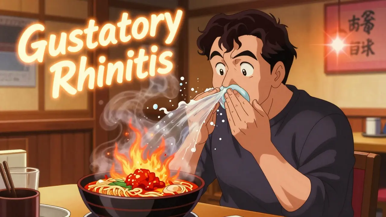 Man eating spicy food with dramatic mucus stream caused by gustatory rhinitis