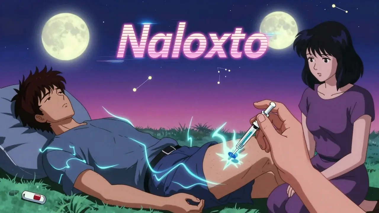 Naloxone being administered as life energy returns, with contrasting scenes of relapse and recovery in the background.