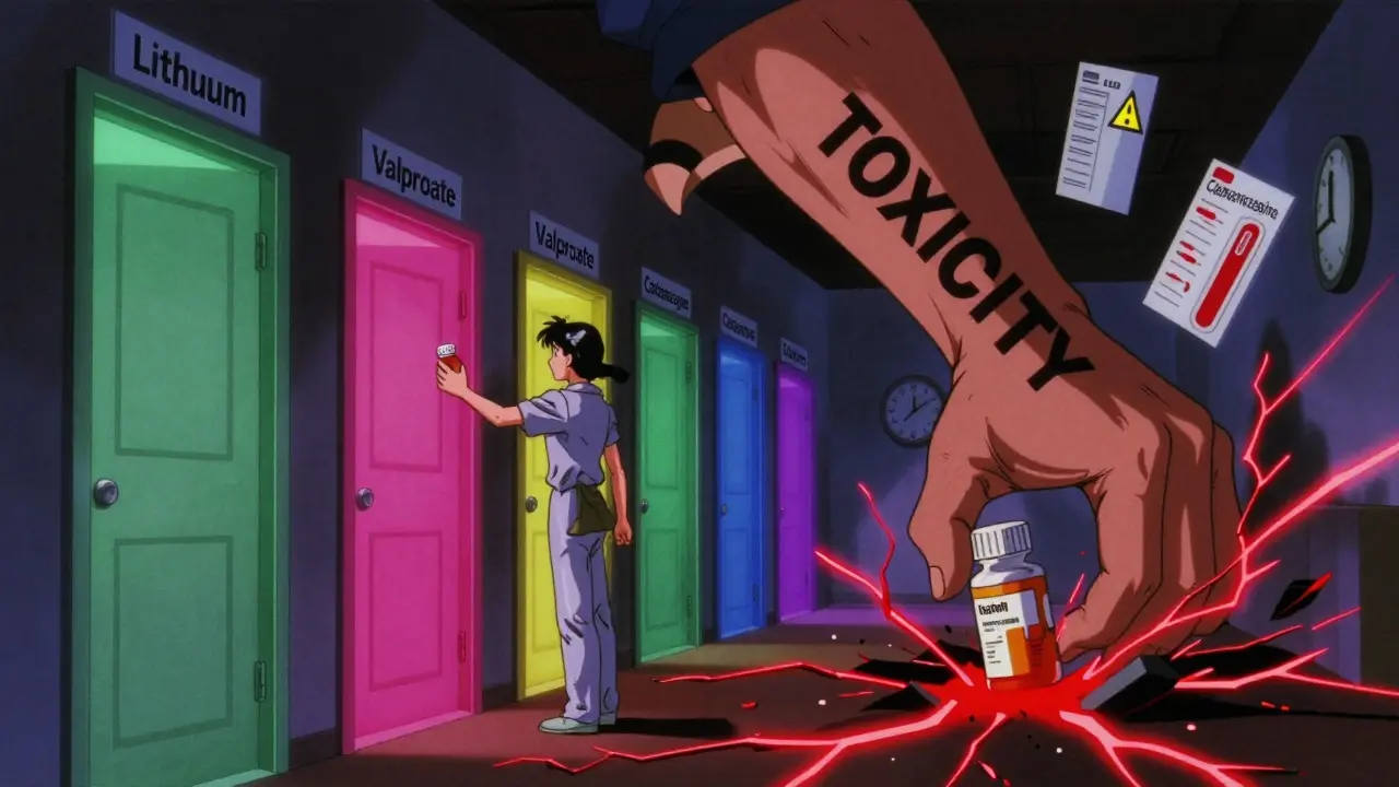 Patient reaching for ibuprofen as toxicity hand crashes down, medical doors glowing behind